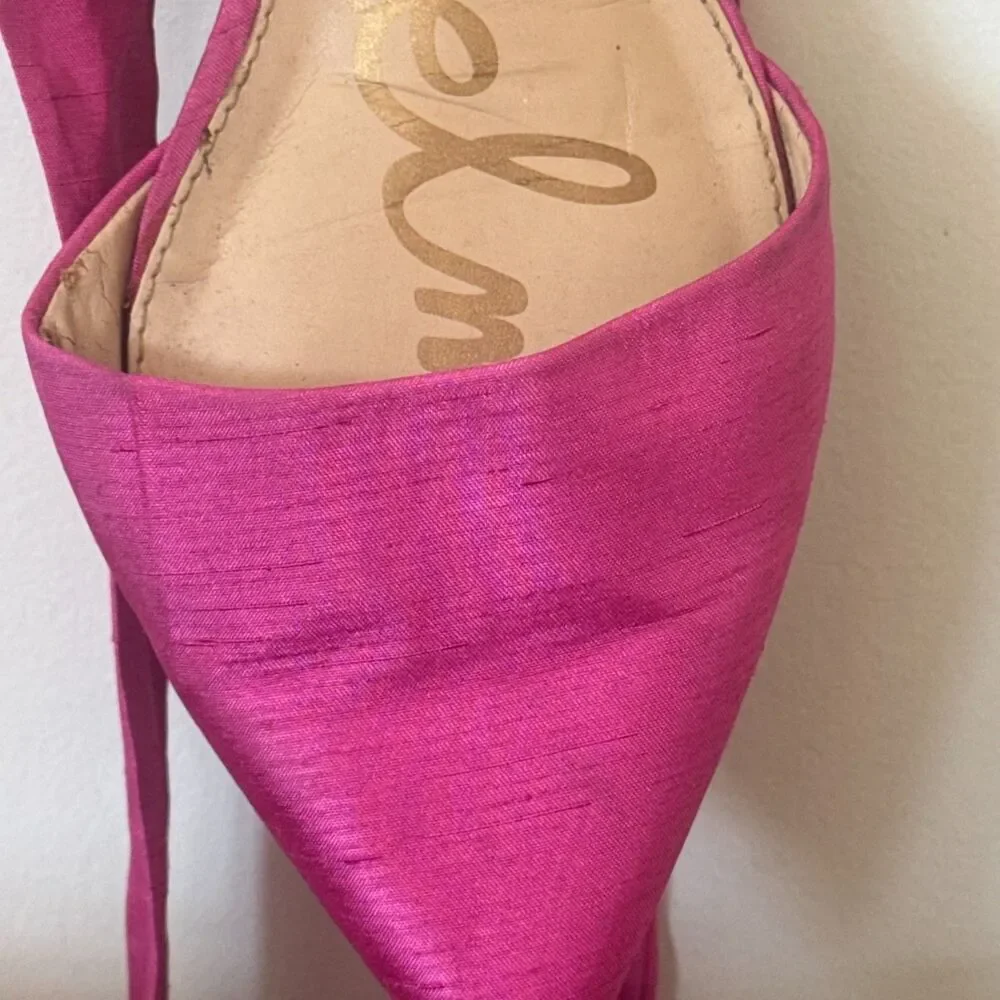 Sam Edelman Lace Up Ballet Flats Pink Satin Wrap Tie Pointed Toe Shoes 8.5 - Picture 4 of 7